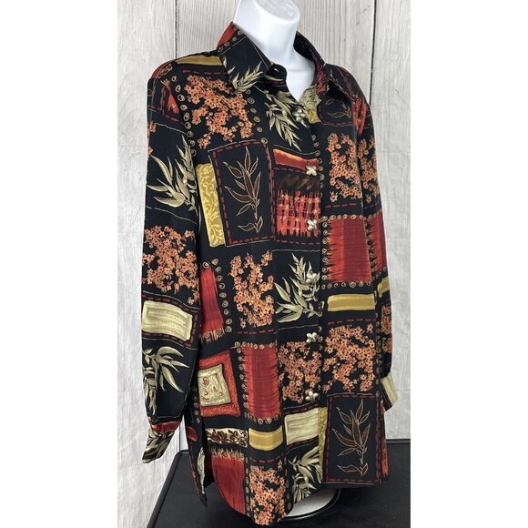 Periphery Womens Size 10 Long Sleeve Button Down Shirt Black Tan Red Floral - Picture 8 of 12